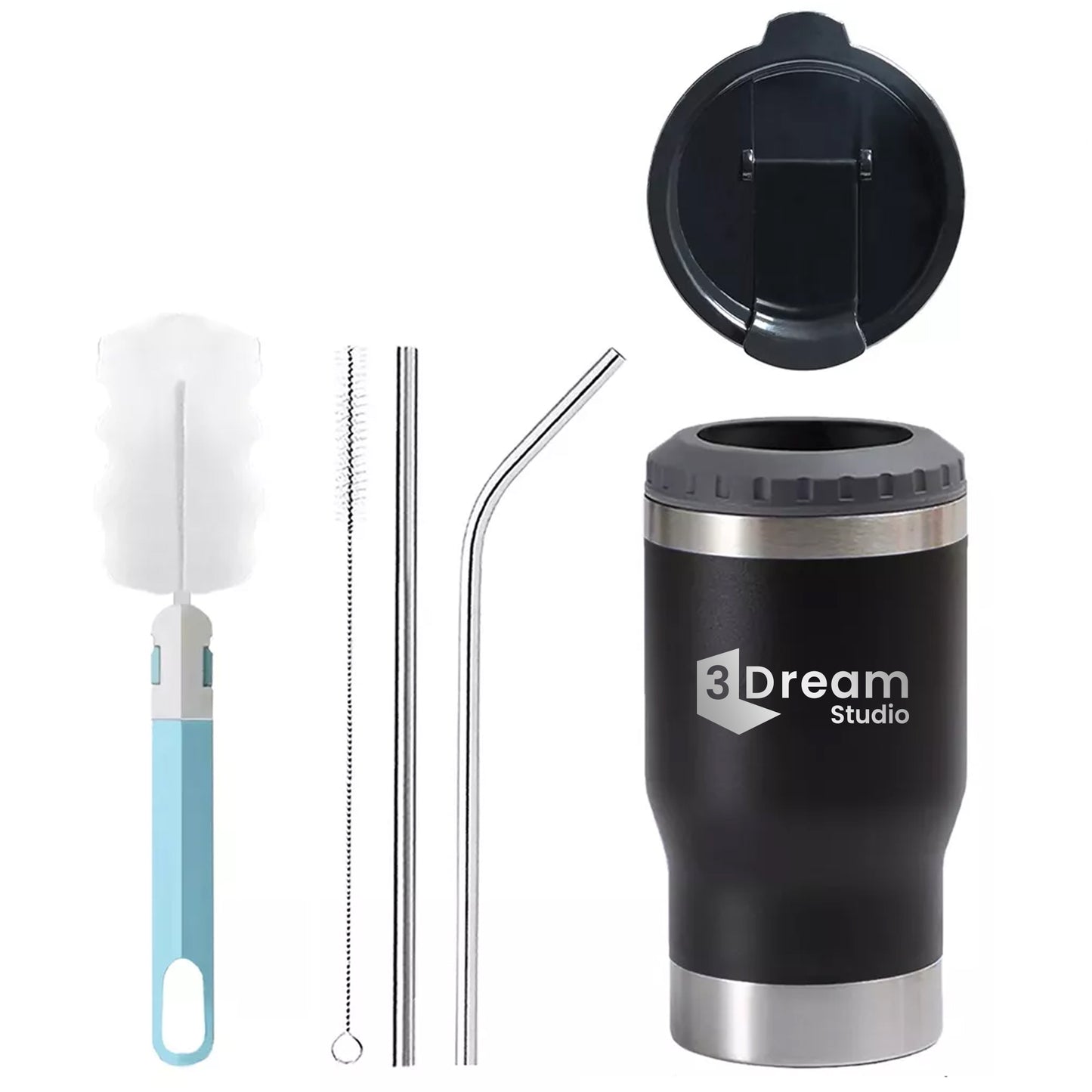Porta botes 4 en 1 negro personalizados con grabado láser, incluye 2 popotes y limpiadores.