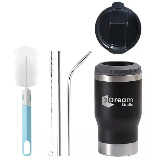 Porta botes 4 en 1 negro personalizados con grabado láser, incluye 2 popotes y limpiadores.